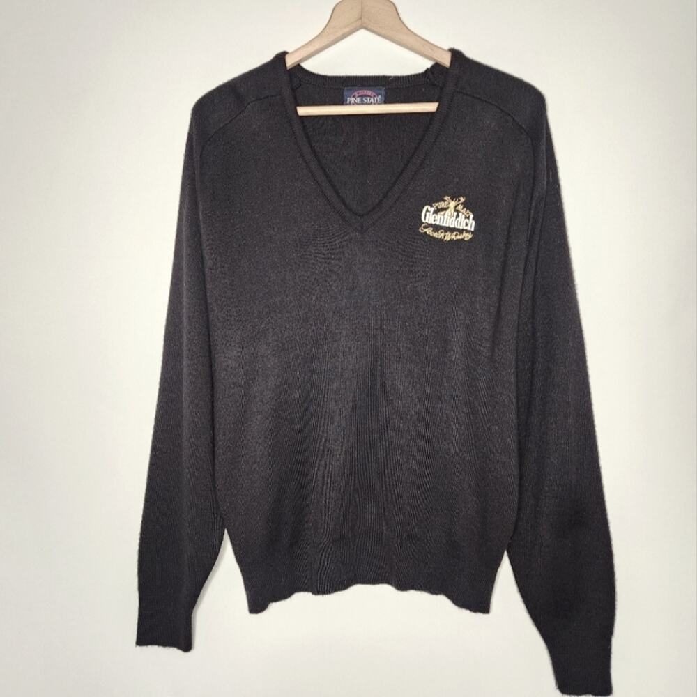 Vintage Glenfiddich Scotch Whiskey Black V Neck Pullover Sweater Men's Large